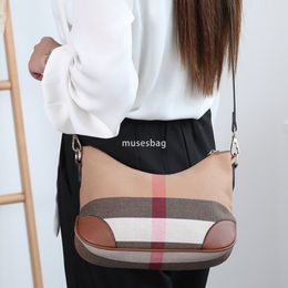 New Cow Horn Bag High end Genuine Leather Women's Bag Underarm Bag Single Shoulder Crossbody Bag Retro Checkered Canvas Bag