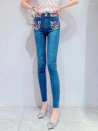 Women's Jeans Women's Autumn Korean Sweet Luxury Colored Diamonds High Waist Slim Leggings Pencil Pants Fashion Trousers Y3522