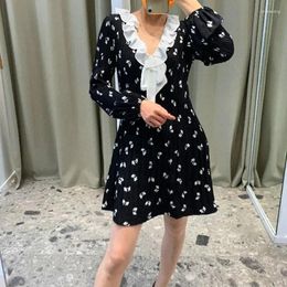 Casual Dresses Women's Black Bowknot Dress Sleeve V-neck Lace-up Long French Brand Elegant Party