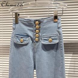 Women's Jeans Spring Fashion Denim Pants Women High Waist Solid Color Cotton Elastic Metal Buttons Pencil 2024
