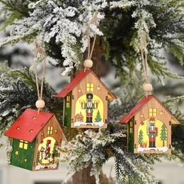 Christmas Decorations Christamas Party Home LED Light Wooden House Nutcracker Soldier Tree Hang Pendant Kids Toy Year 2021 239f