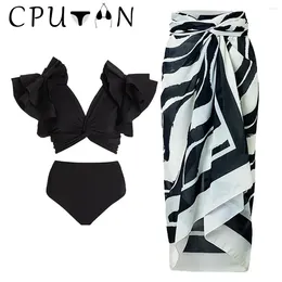 Women's Swimwear CPUTAN 2024 Sexy Vintage High Waist 3D Flower Ruffle Bikini Set Skirt Women Print Swimsuit Beachwear Bathing Suit Dress
