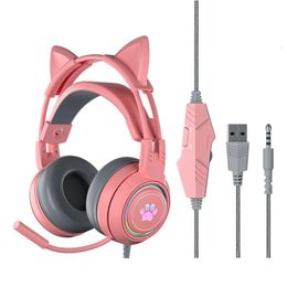 Cell Phone Earphones Cute Cat Gaming Headset For Ps4 3 5 Wire Mic Controlled Led Light Noise Cancelling Pc Over Ear Esports Headphon Dhhk1