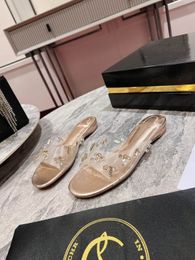 Lüks Tasarımcı Orijinal Topuklu Terlik Lady Mules Slayt Üzerinde Kayma Kauçuk Elbise Ayakkabı Kadın Düz Topuklu Ayakkabılar Sarmal Morer Sandal Spike Yaz Boyutu 35-44