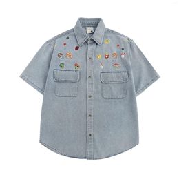 Men's Casual Shirts Japanese Retro Denim For Men Short Sleeve Button Down Shirt Jacket Oversize Summer And Women's Embroidery Top