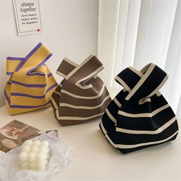 Handmade Knit Handbag Women Mini Knot Wrist Bag Japanese Casual Colour Wide Stripe Plaid Tote Student Reusable Shopping Bags 240529