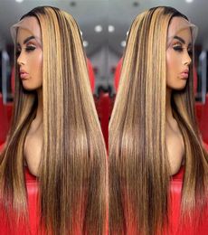 Highlight Brown Blonde Coloured Human Hair Wigs For Women Ombre Straight Lace Frontal Wig 4x4 LaceClosureWigs5771884