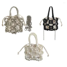 Shoulder Bags Women Vintage Small Drawstrings Purse With Chain Strap Handbag Handwoven Hollow Acrylic Beads Crossbody Bag Evening
