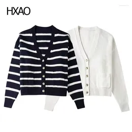 Women's Knits HXAO Striped Cardigan For Women Knitted Sweaters White Knit Cropped Sweater Spring Long Sleeve Woman