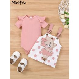 Minifox niedliche Babykleider rosa Strampler und Punkte Tanzbären Hosenträger Kleid Neugeborene Sets für Mädchen L2405 L2405