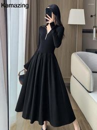 Casual Dresses Elegant Vintage Long Sleeve Knitted Midi Women Korean Slim Fit A-Line Black Birthday Party Robe Autumn Clothing