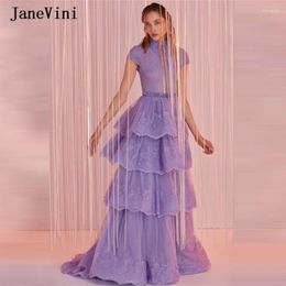 Vestidos de festa Janevini 2024 elegante baile de baile púrpura de um pescoço alto de uma linha de tule de linha apliques de renda de tule senhoras vestido formal