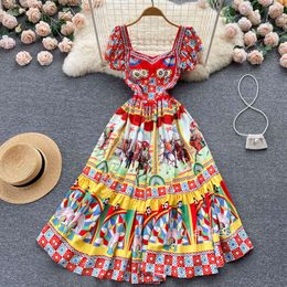 Temperament Street Photo Holiday Style Printed Mid length Dress in Palace Style Temperament Waist Large Swing Skirt for Women