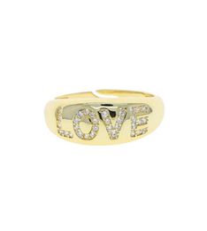 Wide Band Gold Colour Wedding Ring with Cz Paved Letter Love Engraved Whole Women Open Band Finger Ring Adjustable Size7756436