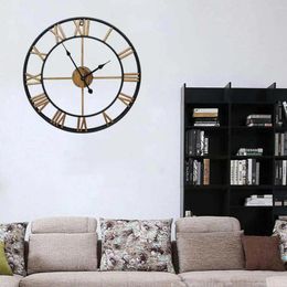 Wall Clocks 40cm Modern 3D Large Retro Black Iron Round Art Hollow Metal Nordic Roman Numerals Clock Home Living Room Decoration
