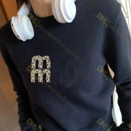 T-Shirt Designer Hoodies: HandBeaded Diamond Miumiu Cashmere Sweater in Navy Blue