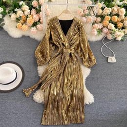 Casual Dresses Gorgeous Shiny Party Evening Elegant Women High-class Light Luxury Gold V-neck Long Sleeve Dress Y2k Retro Fashion 2024