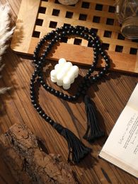 Decorative Figurines Black Wooden Beads Macrame Rope Wall Hanging Decoration Rustic Room Decor Boho Home Decors Aesthetic Gift