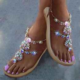 Casual Shoes 2024 Summer Women Sandals Flats Rhinestone Round Toe Buckle Strap Bohemian Style Flat Sapatos Feminino