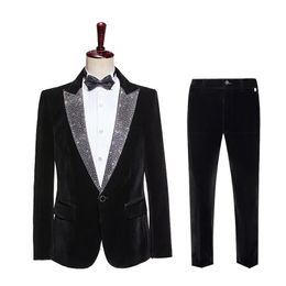 Men's Black Velvet Suit Wedding Banquet Evening Party Host Tuxedo Suits Rhinestones Lapel Collar Blazer Pants 2 Piece Set Singer Stage Performance Costume