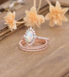 3 Fashion 14K Rose Gold Natural White Opal Rings Diamond Halo Eternity Jewellery Lady Bride Engagement Wedding Ring Set Size 5123705041