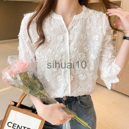 Shirts Floral Lace Blouses for Women 2024 Summer Cotton Short Sleeve Embroidery White Shirt