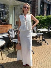 Solid Lace Up Skirt Suit Chic O Neck Sleeveless Ruffles Tank Lady Sets High Waist A Line 2024 Summer Streetwear 240531