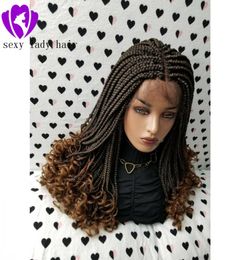 Fashion black women braid style 130 ombre brown Braided Wig middle part Box Braids Swiss Lace Front Wig With Curly Ends7091444