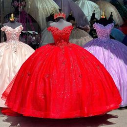 Red Sparkly Princess Quinceanera Dresses Gillter Off Shoulder Floral Applique Bow Beads Tull Corset vestidos de 15 quinceanera