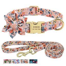 Dog Collars Leashes Custom Engraved Collar With Leash Nylon Printed ID Pet Walking Belt For Small Medium Large Dogs Flower Accessory H240531