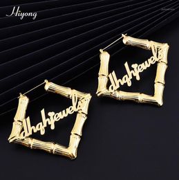 HIYONG 70mm 100mm Square Shape Custom Name Earrings Bamboo Hoop Earrings Stainless Steel Hiphop Bamboo Earring For Women Jewelry14430637