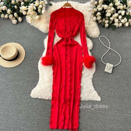 Spring and Autumn New Design Pleated Wool Stitch Long Sleeve Dress Womens Red Waistband Hip Over Knee Long Dress