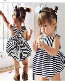 New style Striped Vest Dress Sets Lace Pattern Bowknot TopPants Baby Girls Clothes Children039s Costume Princess Dresses 3382307