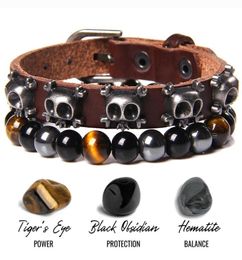 Beaded Strands Punk Gothic Rock Skull Bracelet Natural Tiger Eye Stone Bracelets For Men Hematite Obsidian Energy Balance Leather2392199