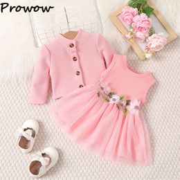 Prowow Baby Dresses With Coat Spring Clothes Waffles Cardigan Coat+Embroidery Princess Pink Dress For Girls Kids Clothing L2405