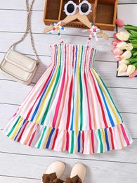 Girl's Dresses 2024 Summer Special New Product For Girls Casual Fresh Dress With Ruffle Edge Rainbow Stripe Bow Strap Dress Y240529