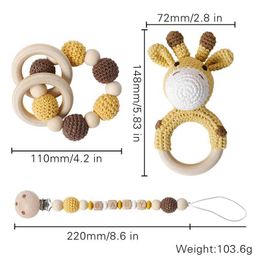 5PCS Pacify Toys 1Pc Baby Wooden Rattles Plush Crochet Giraffe Animal Music Bell Personalised Pacifier Chain Clip Teething Bracelets Newborn Toys