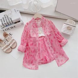 Clothing Sets 2PCS Set Children Girl Clothes 2-7Years Kids Long Sleeve Turn Down Collar Pink Leopard Sunscreen Shirt Top Shorts Summer