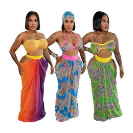 Beach Wear Women Two Piece Set Green Blue Print Strapless Tube Crop Top and Cut Out Long Pant Suit Orange Woman Summer Outfits Clothes