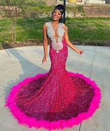 Glitter Fuchsia Sequined Mermaid Prom Dresses Crystal Beaded Long Feather Evening Gown For Black Girls 2024 African Arabic Celebrity Party Dress Special Occasion