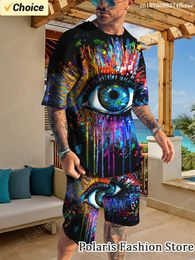 Summer Colourful Eye Graffiti Tracksuit 3D Printed Men Beach Short Sleeve T Shirt Set 2 Piece Outfits Sportwear Clothes For Men 240524