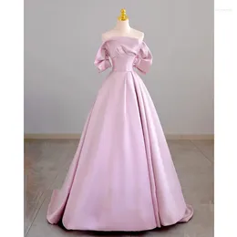 Party Dresses 18211#Elegant Bright Pink A-line Satin Off Shoulder Princess Brithday Dress With Pearl Decoration Back Laced Prom Gown