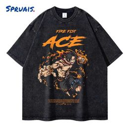 Men's T-Shirts Portgas D Ace T-shirt Vintage Wash Anime One Piece T-shirt Luffy Vintage Short Slave Comic Yamato Tony Chopper Top Ts Y240531G8IW