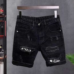 Men's Shorts Mens open front denim shorts fashionable summer ultra-thin shorts with Distressed open front design holes Korean short jeans mens J240531