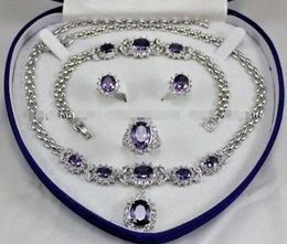 BeautifulAmethyst Inlay Link Bracelet earrings Ring Necklace Set2504157