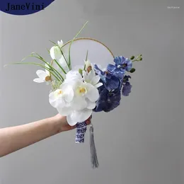 Wedding Flowers JaneVini Elegant Blue White Bridal Bouquets Fan Artificial Silk Moth Orchid Chinese Style Fans Bride Accessories