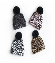 Children leopard knitting hats 2020 fall winter new kids big black pompom hat beret fashion boys girls warmer beanie A41002855752