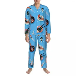 Home Clothing Coral Blue Beach Print Sleepwear Spring Swimming Ladies Aesthetic Oversize Pajama Set Men Long Sleeves Cute Room Nightwear