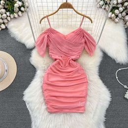 Summer Korean Fashion Sexy Nightclub V-Neck Waist Slim Fold Short Mesh Wrap Hip Strap Dress for Women