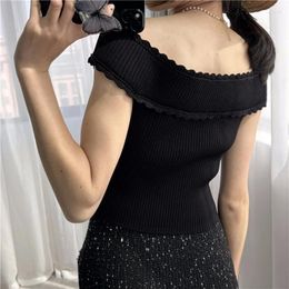 Women's Knits Chunyuan Haohuo # S Home-French Design Sense Lace Slimming Black One Shoulder Sleeveless Knitwear Top Bolero Cardigan